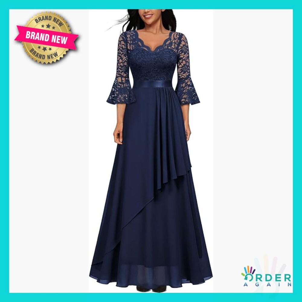 Elegant Floral Lace Bell Sleeve Maxi Dress V-Neck Formal Vintage Style